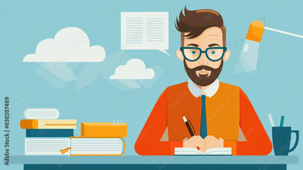 Poster a man is seated at a desk, surrounded by a large pile of books. he appears focused and engaged in re