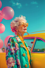 Fashion trendy older mature woman standing by retro car and enjoy summer time outside.