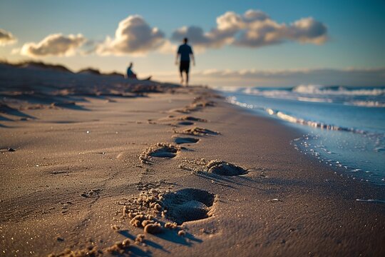 Witness the poignant scene of a solitary figure walking along the beach, their journey marked by the enigmatic presence of two sets of footprints in the sand