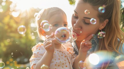 Mother and baby share laughter while blowing bubbles in a delightful outdoor moment. Mom and baby