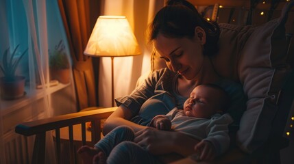 Mom joyfully teaching her baby to walk in a sunlit room with wooden floors, marking their first steps. Mom and baby