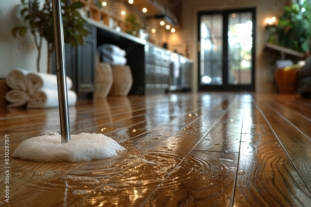 Poster mop gliding across gleaming hardwood floors in a spacious kitchen. concept of maintaining a neat and