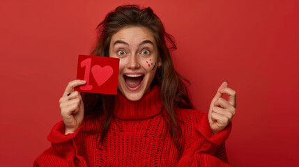 Joyful young woman in a red sweater holding a love heart card, expressing happiness on a vibrant red backdrop