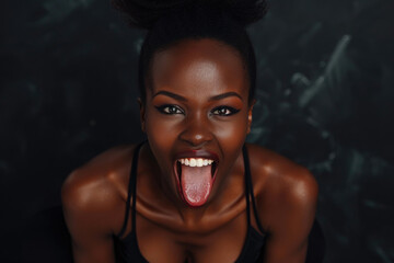A woman playfully sticks out her tongue in a humorous gesture