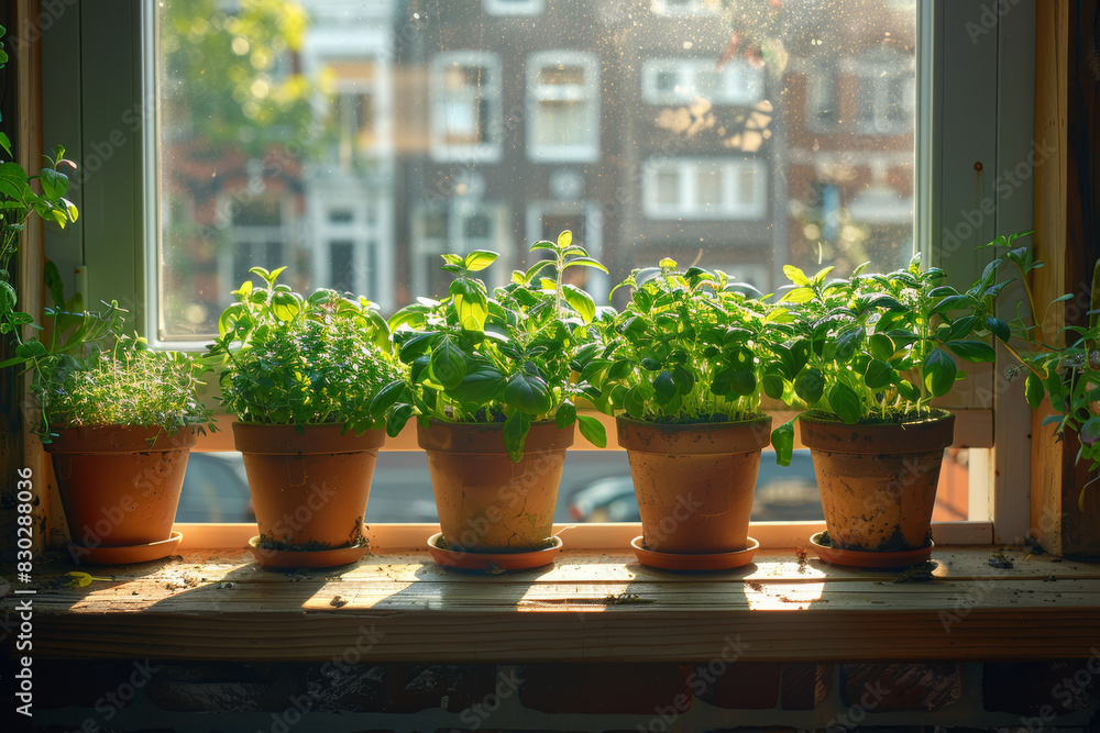 Poster indoor herb garden flourishing on a windowsill bathed in natural sunlight. concept of sustainable li