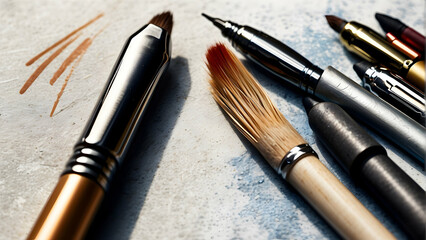 Set of artist brushes on textured background