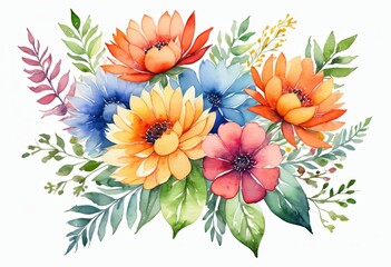 Watercolour drawing of a small bouquet of flowers on a white isolated background