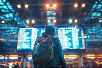 A man with a backpack at the airport in front of a large screen of Arrivals, departures,schedules