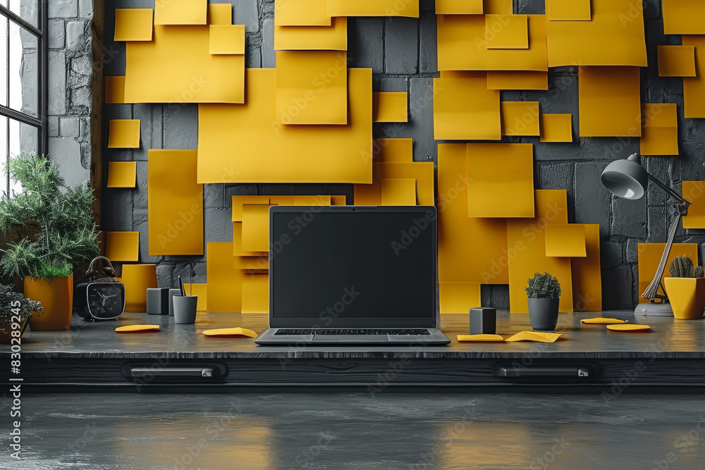 Poster monochrome laptop on a desk surrounded by bright yellow post-it notes. concept of productivity and o