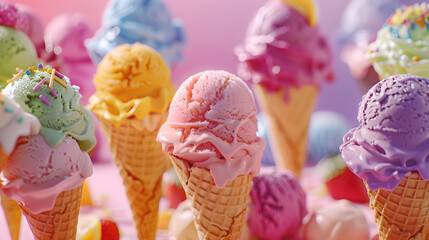 Vibrant Array of Ice Cream Cones Showcasing a Palette of Flavors and Toppings Adding Visual Delight and Joy