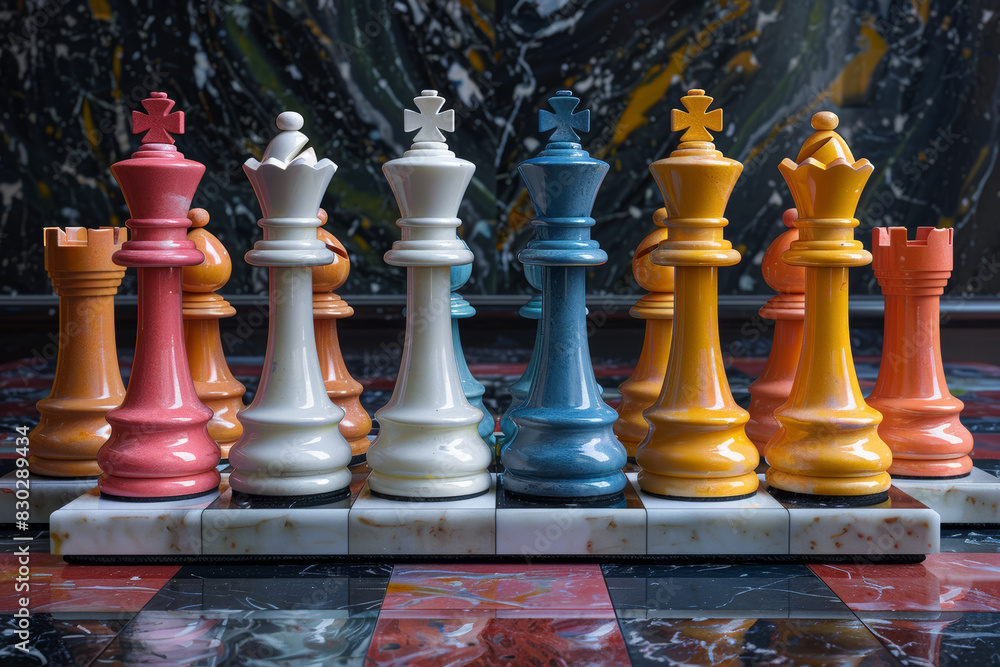 Poster monochrome chessboard set up on a table with colorful pieces. concept of strategy and intellectual c