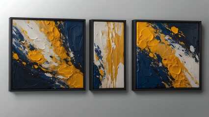 Triptych of abstract yellow and blue art