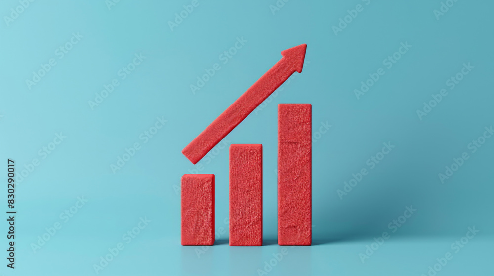 Poster 3d rendering of a red upward arrow above a rising bar chart representing progress and success