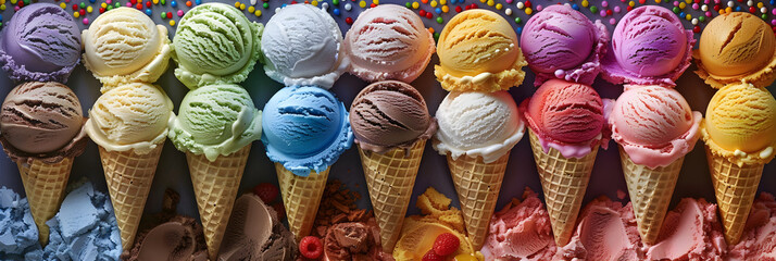 Vibrant Array of Ice Cream Cones Showcasing a Palette of Flavors and Toppings Adding Visual Delight and Joy