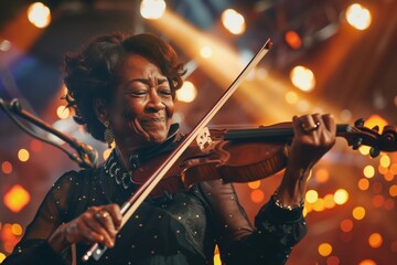 Fototapeta premium An elderly woman plays the violin at a music festival. Close-up portrait. Live music and entertainment concept. Design for poster, banner, greeting card