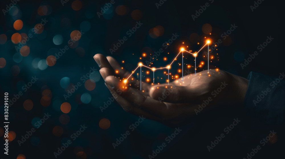 Poster an open hand displays a glowing digital graph chart, symbolizing growth against a bokeh light backdr
