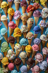 Vibrant Array of Ice Cream Cones Showcasing a Palette of Flavors and Toppings Adding Visual Delight and Joy