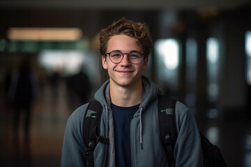 Obraz premium A young man wearing glasses and a blue hoodie is smiling for the camera