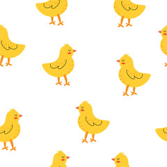 Seamless pattern with a chick. Childish cute pattern with yellow chicken. Vector illustration in flat style. Design for print, fabric, textile, wallpaper, wrapping.