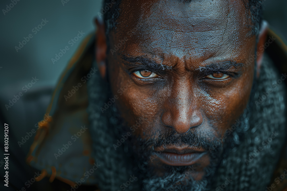 Poster a furrowed brow and clenched jaw, a portrait of determination and resolve in the face of adversity. 