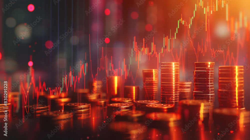 Poster composite digital image featuring coin stacks set against illuminated stock market charts