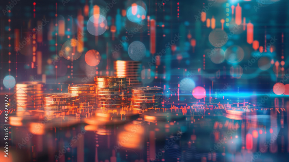 Aufkleber digital composite of stacked coins against a futuristic financial graph with glowing lights and boke