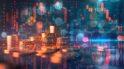 Digital composite of stacked coins against a futuristic financial graph with glowing lights and bokeh - Powered by Adobe