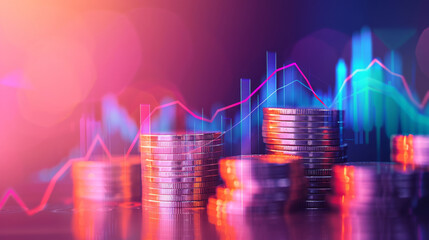 Piles of coins with vibrant charts representing financial growth