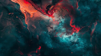 Bright scarlet and dark teal tones fluid smoke textures glowing light points energetic 4th of July backdrop