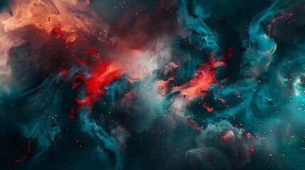Scarlet and dark teal tones fluid smoke textures glowing light points dynamic celebration backdrop