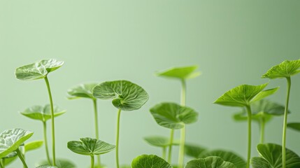 Centella asiatica leaves on a green plain background, banner for Korean cosmetics components