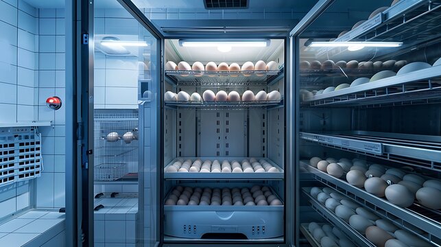 Chicken eggs in incubator, poultry farm