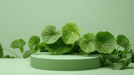 Centella asiatica leaves on a green plain background, banner for Korean cosmetics components