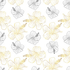 Hibiscus flower seamless pattern for textile design, scrapbook, wallpaper. Line art black and golden hand drawn tropical floral background.