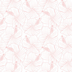 Hibiscus flower seamless pattern for textile design, scrapbook, wallpaper. Line art hand drawn tropical floral background