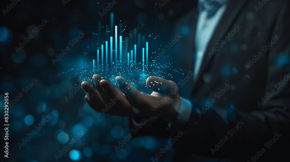 Poster A professional in a suit interacts with a 3d data chart hologram, symbolizing high-tech analysis