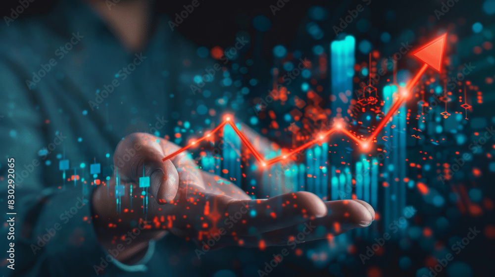 Poster a hand interacts with dynamic 3d growth charts, symbolizing financial progress and technology