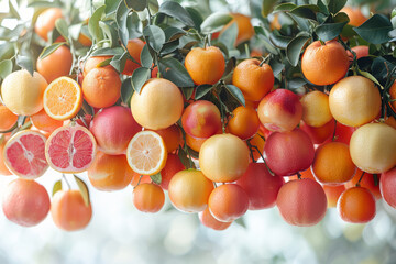 A cascade of citrus fruits tumbling from laden branches, their vibrant colors a testament to the richness of the harvest. Concept of citrus grove abundance. Generative Ai.