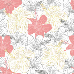 Hibiscus flower seamless pattern for textile design, scrapbook, wallpaper. Line art pink and golden hand drawn tropical floral background.