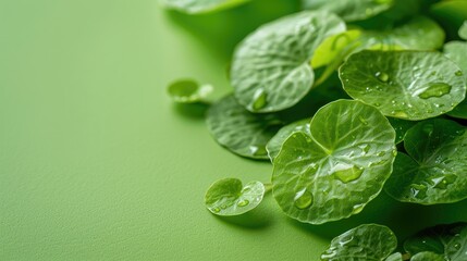 Centella asiatica leaves on a green plain background, banner for Korean cosmetics components