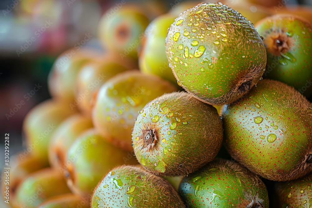 Wall mural A mound of fuzzy kiwifruits piled high in a rustic market stall, their emerald green flesh promising a tart and tangy delight. Concept of exotic market. Generative Ai.