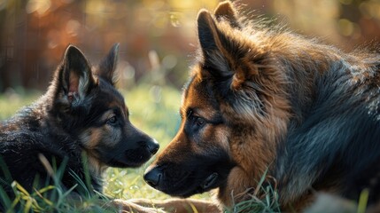 Image of a young German shepherd playing with a keeshond companion