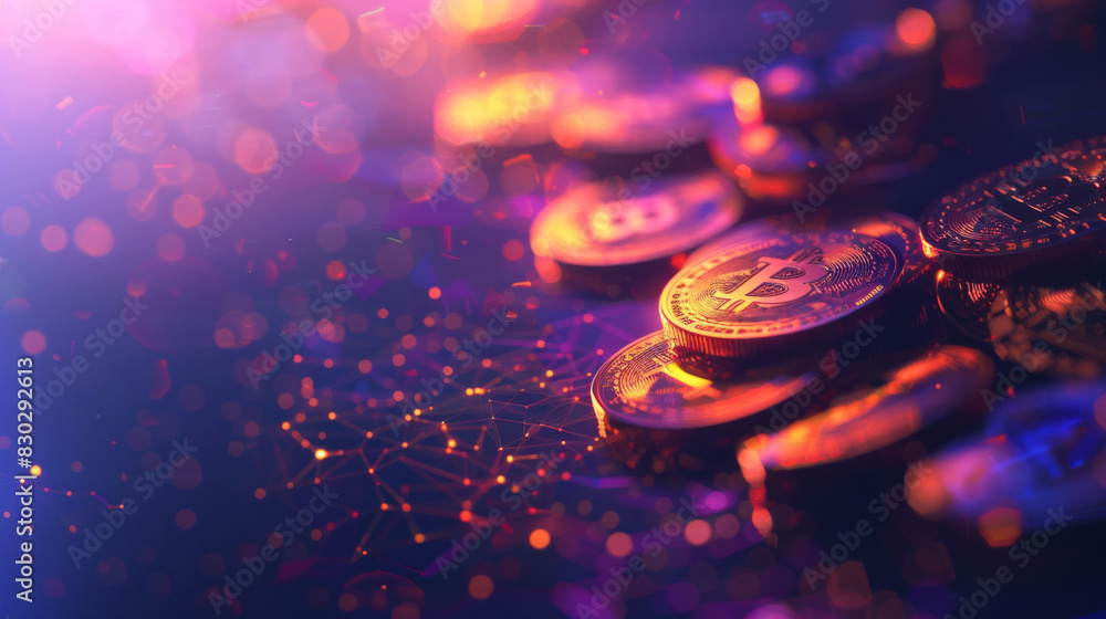 Poster bitcoin visual concept: digital network connections and glowing particles