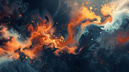 Bright orange rich navy tones flame-like patterns shimmering particles evokes 4th of July grandeur backdrop