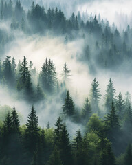Foggy Pine Tree forest. Aerial View from a forest 