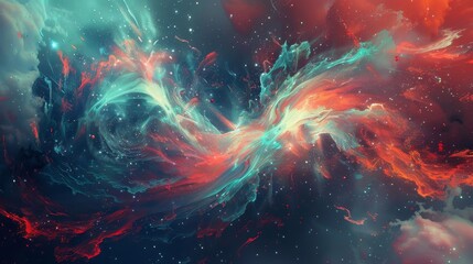 Captivating wallpaper: bright cyan dark scarlet tones swirling liquid-like patterns luminous points dynamic Independence Day essence backdrop