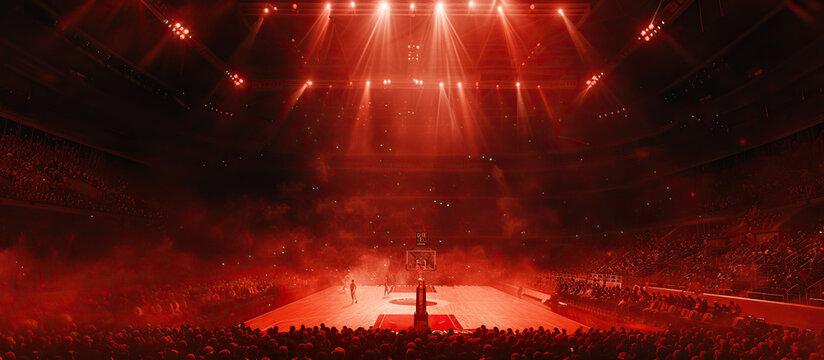 Basketball Stadium with Red lights. Empty arena 