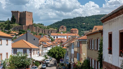 Fototapeta premium Timeless grandeur medieval castle dominating the village with majestic turrets and battlements
