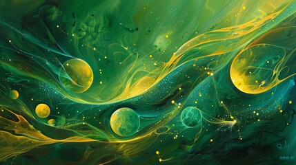 Obraz premium Energizing design with vibrant green and yellow splashes glowing orbs and wavy lines capturing spirited friendships backdrop