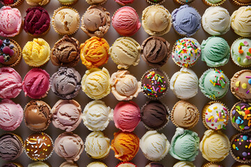 Vibrant Array of Ice Cream Cones Showcasing a Palette of Flavors and Toppings Adding Visual Delight and Joy